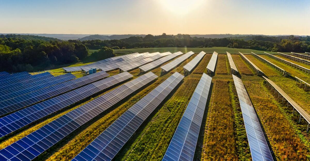 Aerial view of a solar farm in Red Wing MN with solar panels harnessing the sun s energy