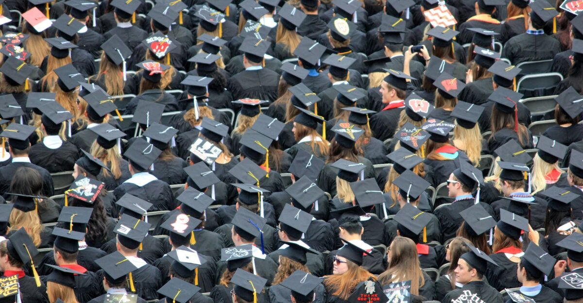 aerial view of graduates wearing hats
