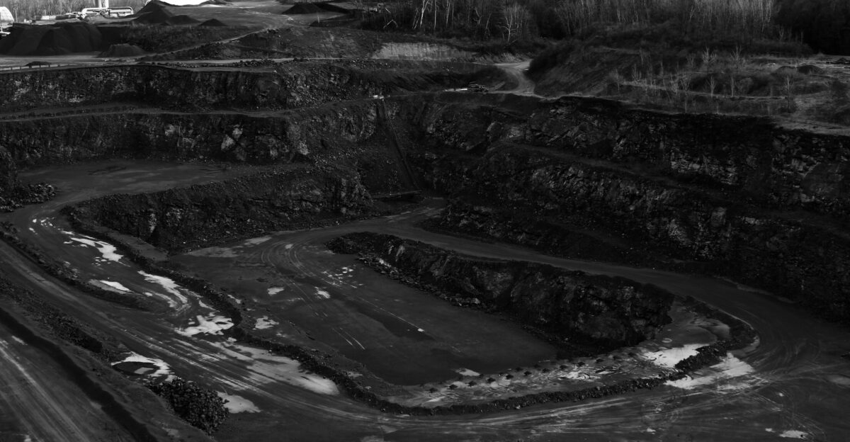 mining road grayscale photography