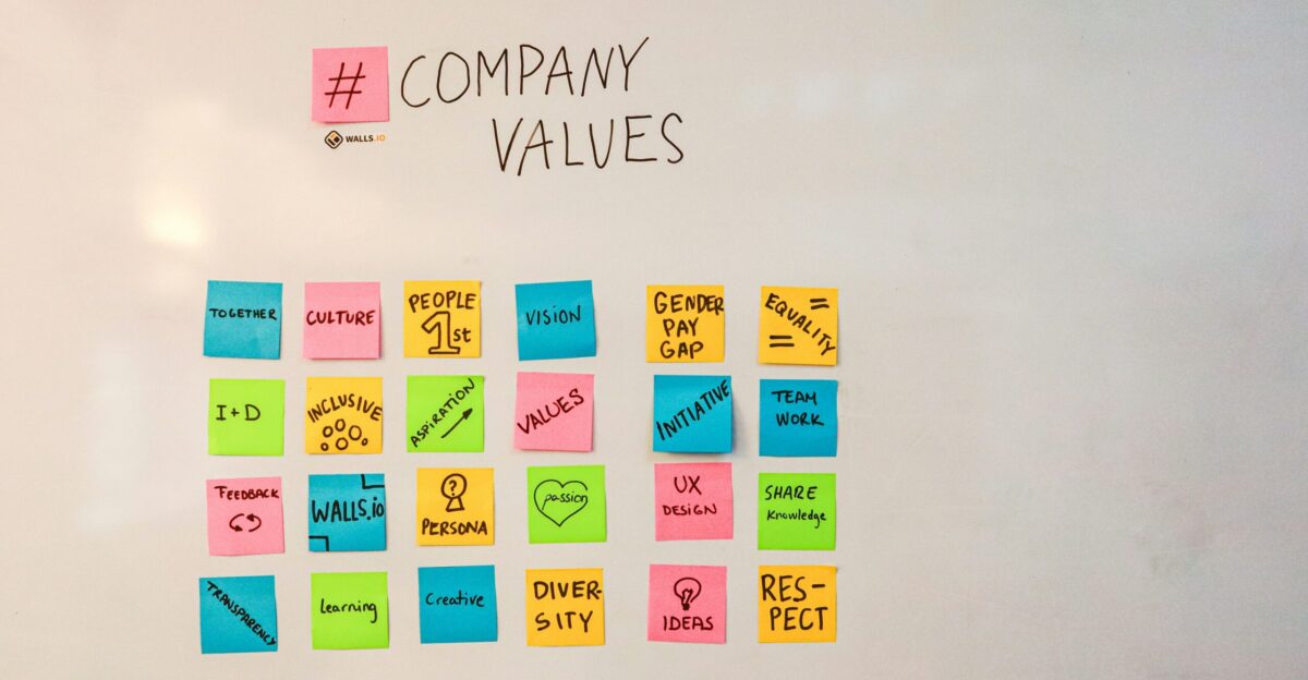 a white board with post it notes on it