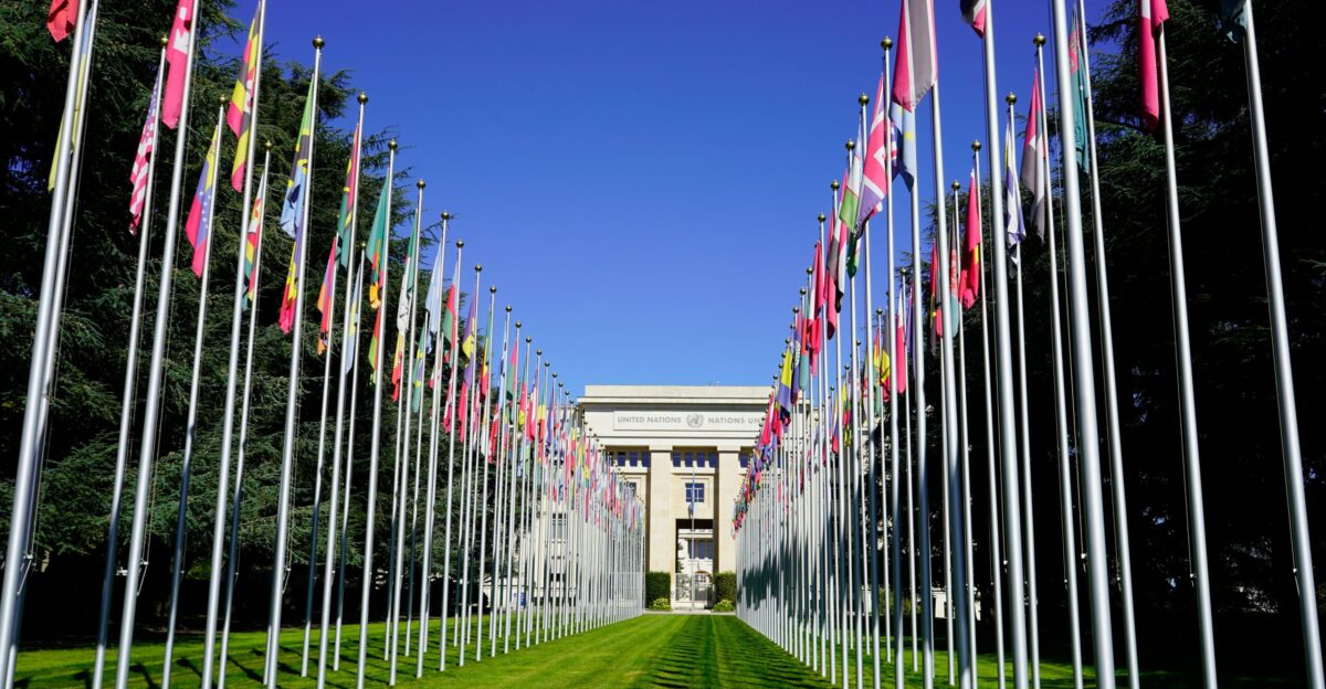 a long row of flags in front of a building