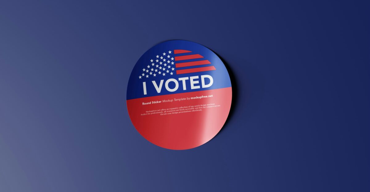 a red white and blue button with the words i vote on it