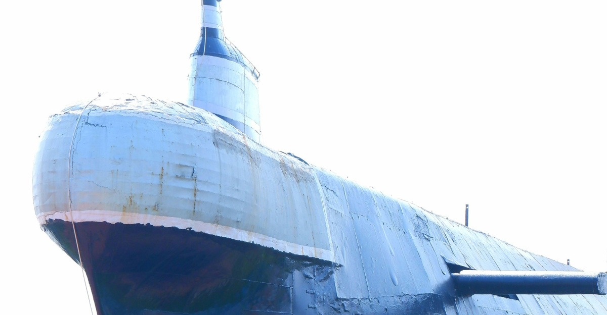 a large black submarine sitting on top of a lush green field