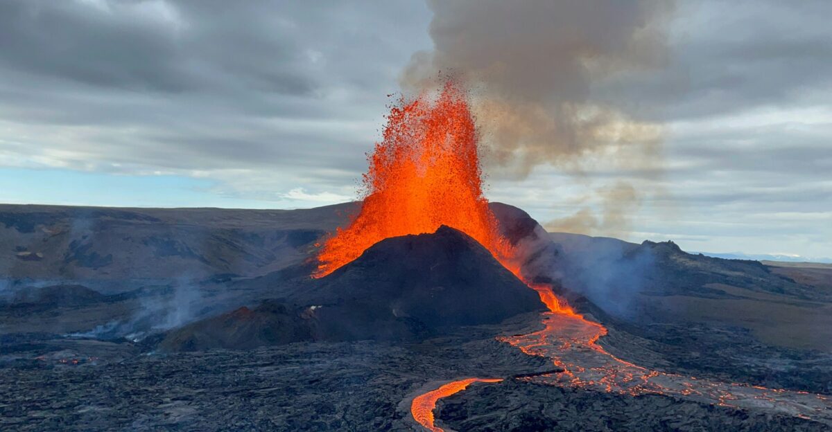 A volcano spewing lava into the sky