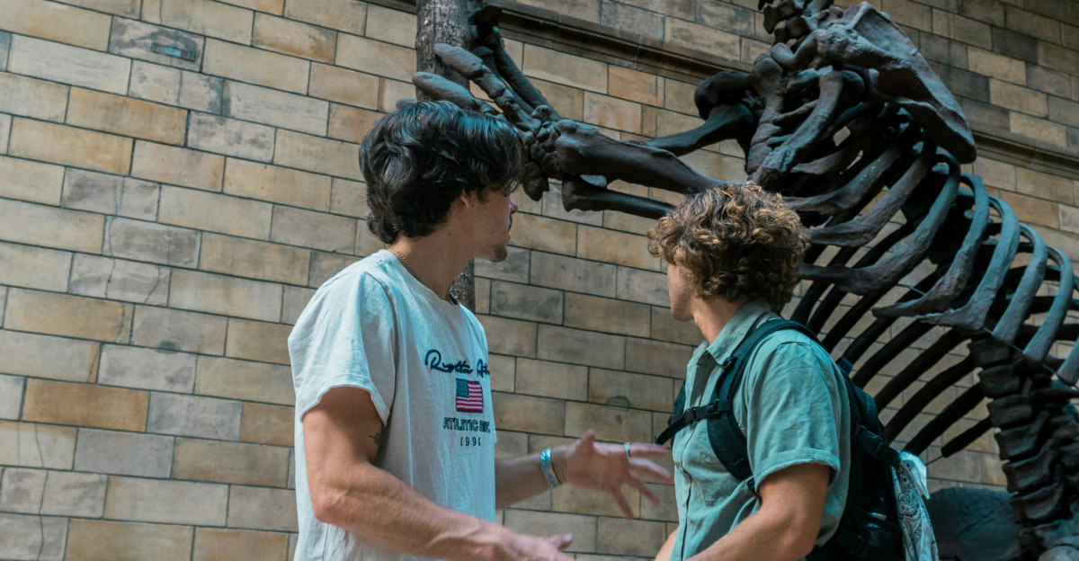 Two boys standing in front of a dinosaur skeleton