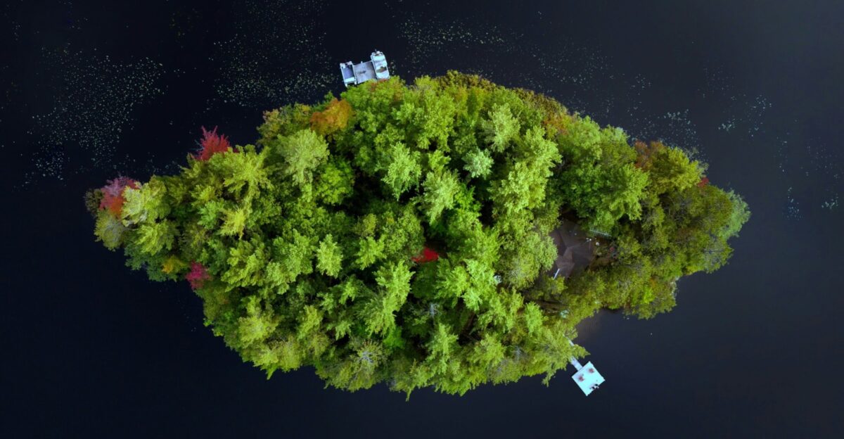 An aerial view of a small island in the water