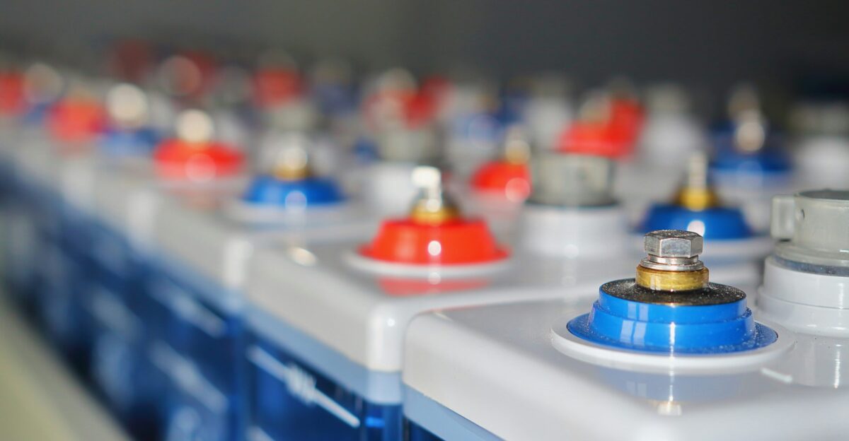 Rows of batteries with red and blue terminals