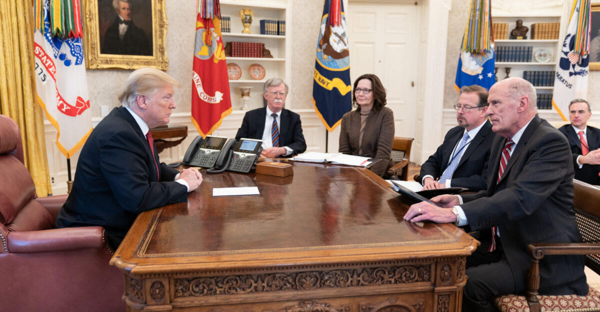 President Donald J Trump participates in a meeting with National Security Adviser Ambassador John Bolton Director of the Central Intelligence Agency Gina Haspel and Director of National Intelligence Dan Coats right in the Oval Office Thursday Jan 31 2019 at the White House Official White House Photo by Shealah Craghead