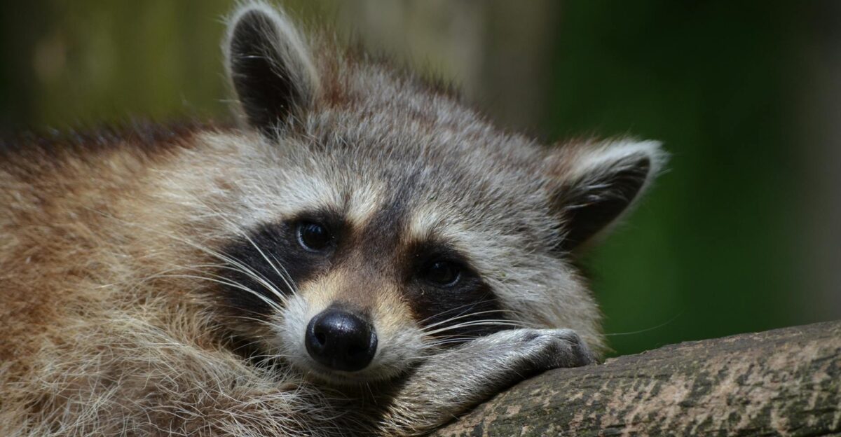 Close-up of a raccoon resting on a tree in natural habitat