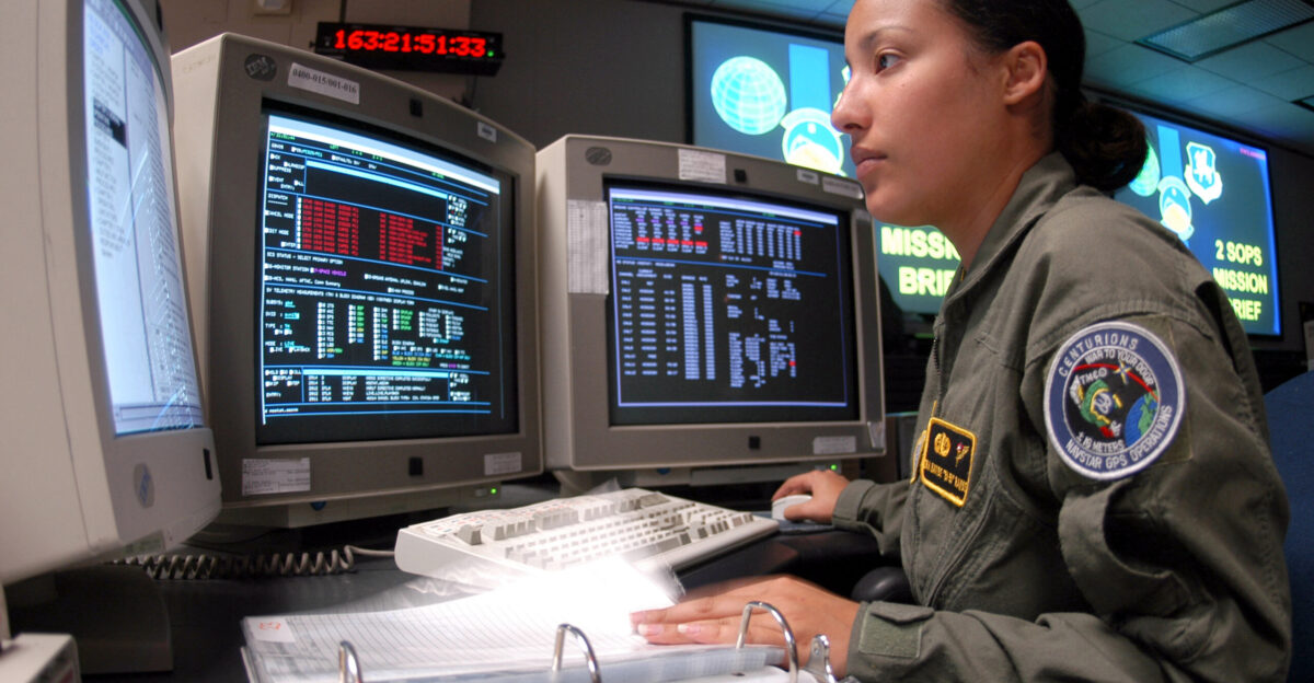 Controlling satellites - Senior Airman Nayibe Ramos runs through a checklist during Global Positioning System satellite operations The operations center here controls a constellation of 29 orbiting satellites that provides navigation data to military and civilian users worldwide Airman Ramos is a satellite system operator for the 2d Space Operations Squadron at Schriever AFB Colorado