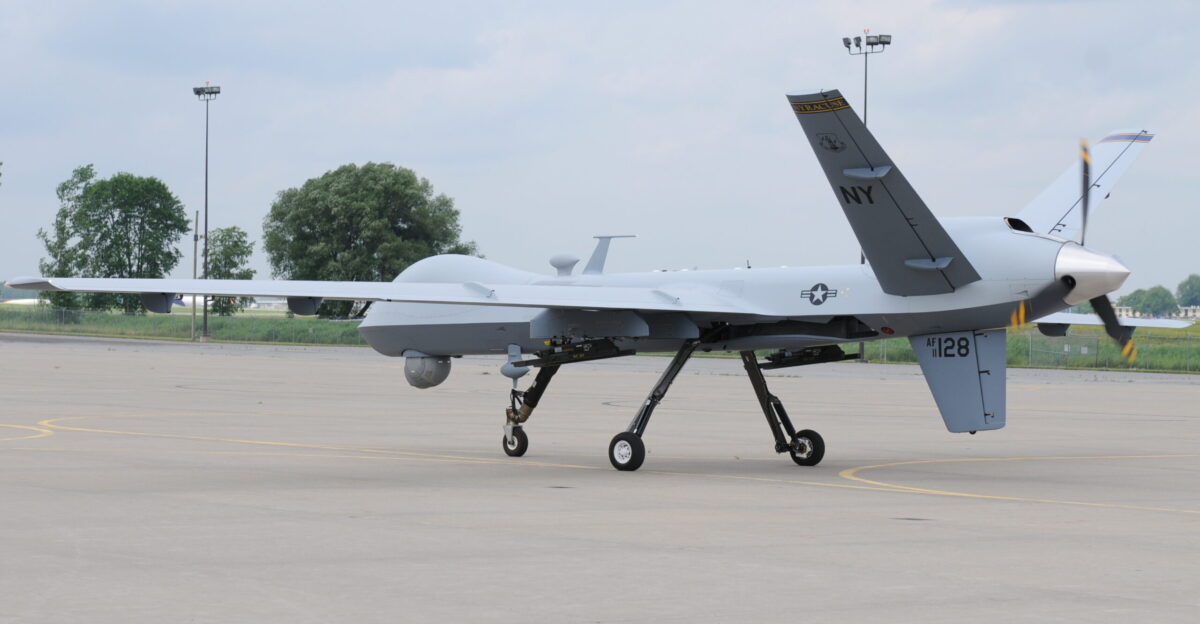 A Syracuse Air National Guard MQ-9 taxis around the upper ramp at Hancock Field Air National Guard Base
