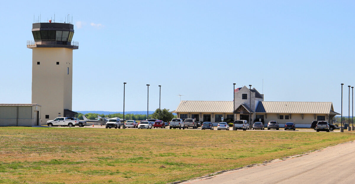 The tower and terminal at New Braunfels Municipal Airport in New Braunfels Texas United States