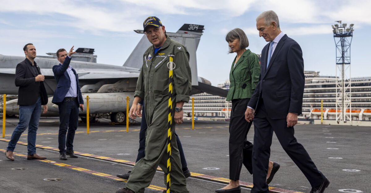 Charles Kushner right United States Ambassador to France tours the world s largest aircraft carrier USS Gerald R Ford CVN 78 with Capt David Skarosi commanding officer of Gerald R Ford on the ship s flight deck August 6 2025 Gerald R Ford a first-in-class aircraft carrier and deployed flagship of Carrier Strike Group Twelve is on a scheduled deployment in the U S 6th Fleet area of operations to support the warfighting effectiveness lethality and readiness of U S Naval Forces Europe-Africa and defend U S Allied and partner interests in the region U S Navy photo by Mass Communication Specialist 3rd Class Gladjimi Balisage