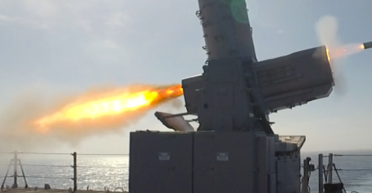 The United States Navy littoral combat ship USS Montgomery LCS-8 launches a RIM-116 Rolling Airframe Missile RAM in the eastern Pacific Ocean
