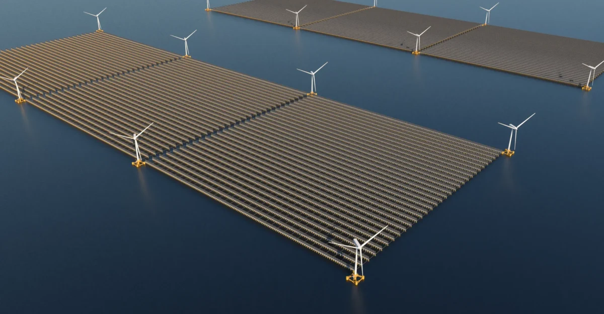 Vertical bifacial floating solar with offshore wind turbines Lake Michigan has over 22 000 square miles of surface area if half of Lake Michigan was used it would be enough to power 25 of the energy of the United States or about 125 GW of nameplate capacity