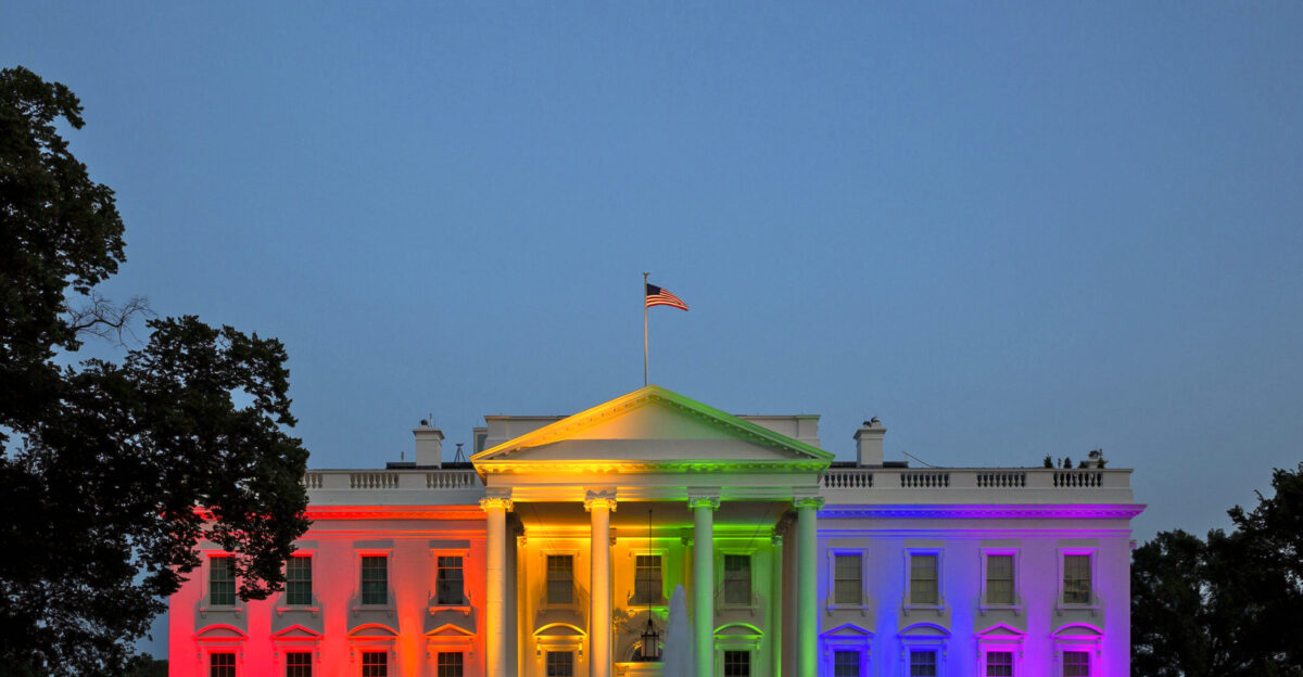 The White House lit with the LGBT rainbow flag in celebration of the passing of same-sax marriage