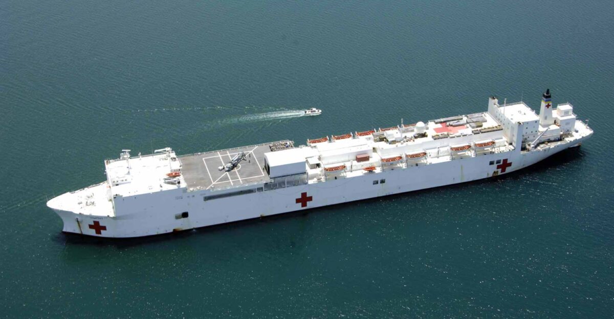 A-1786S-088 PORT-AU-PRINCE April 11 2009 The Military Sealift Command hospital ship USNS Comfort T-AH 20 is anchored near Port-au-Prince supporting Continuing Promise 2009 a humanitarian and civic assistance mission to Latin America and the Caribbean U S Army photo by Spc Landon Stephenson Released
