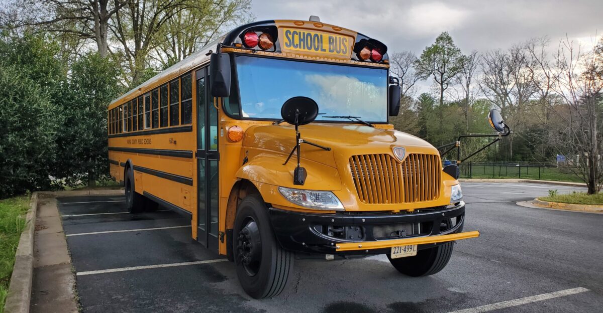 A Fairfax County Public Schools 2021 IC CE school bus close to Lake Anne in Reston Virginia A prior incarnation of this fleet number was on one of the 1999 AmTran REs