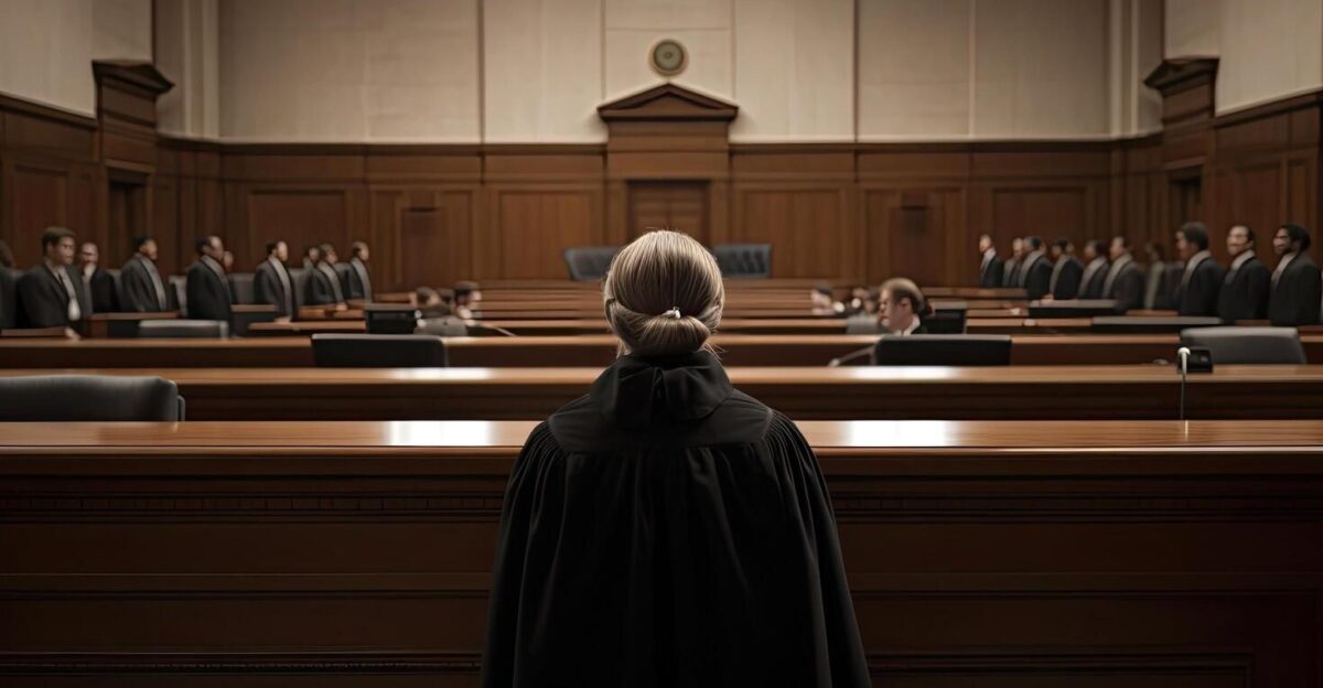Rear view of a woman in a black robe sitting at the table in front of the crowd A court attorney lawyer full rear view inside court by BethMouldy