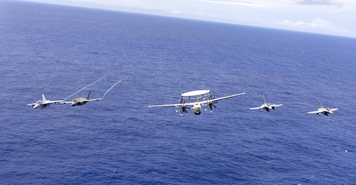 N-TD381-1196 PHILIPPINE SEA Feb 12 2025 Aircraft from the Carl Vinson Carrier Strike Group VINCSG and French Carrier Strike Group CSG fly in formation over the Philippine Sea during Pacific Steller 2025 Feb 12 From left an F A-18F Super Hornet F-35C Lightning II E-2D Advanced Hawkeye and two French Navy Rafale Marine F4 fighter jets The Carl Vinson Carrier Strike Group is underway conducting Pacific Steller 2025 a multi-large deck event with the French Carrier Strike Group and Japan Maritime Self-Defense Force fostering our alliance and maritime security in support of a free and open Indo-Pacific U S Navy photo by Mass Communication Specialist 2nd Class Isaiah B Goessl
