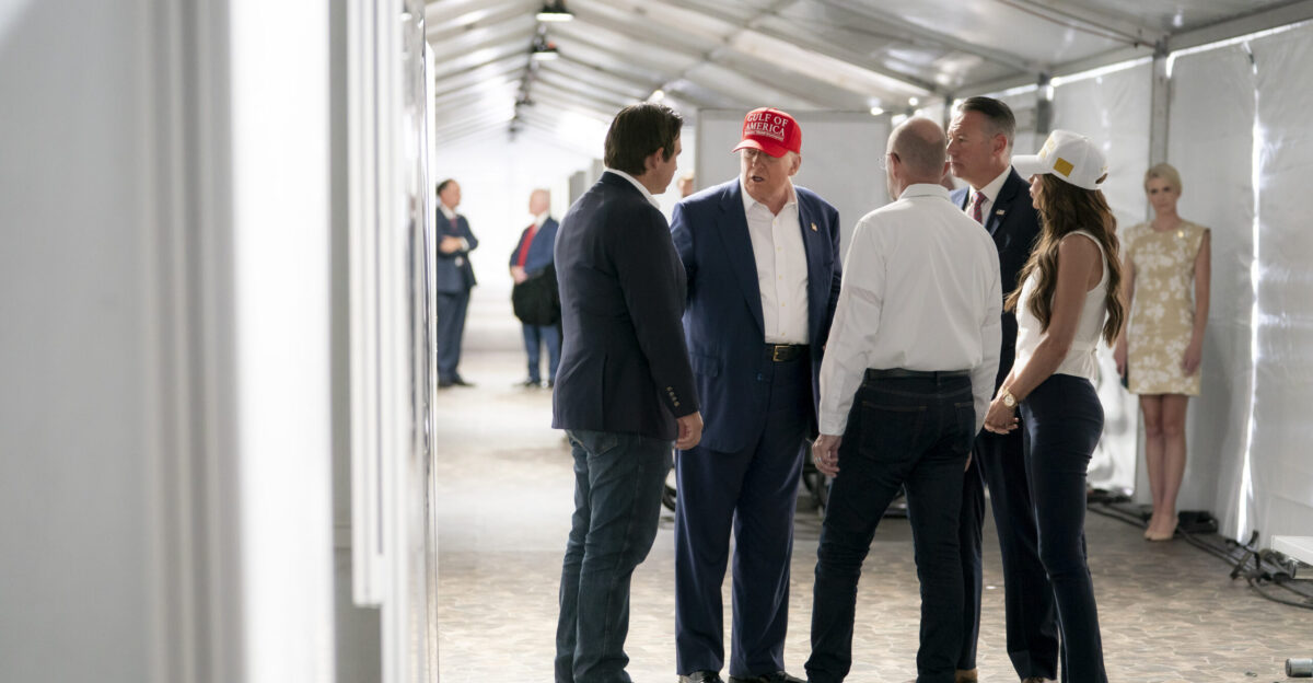 President Donald Trump is joined by Department of Homeland Security DHS Secretary Kristi Noem Florida Governor Ron DeSantis Acting Director of Immigration and Customs Enforcement Todd M Lyons and Executive Director of Florida Division of Emergency Management Kevin Guthrie for a facility tour of Alligator Alcatraz and roundtable at the site of the Dade-Collier Training and Transition Airport in Ochopee July 1 2025 DHS photo by Tia Dufour