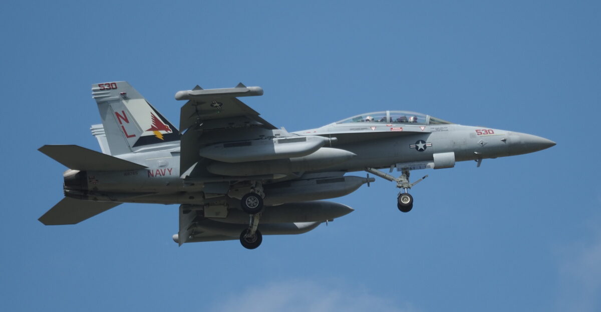 U S Navy EA-18G Growler 168765 NL-530 assigned to Electronic Attack Squadron VAQ-134 Garudas flown by CDR Chad Walker and CAPT Dave Harris on final approach to Spangdahlem AB April 2022