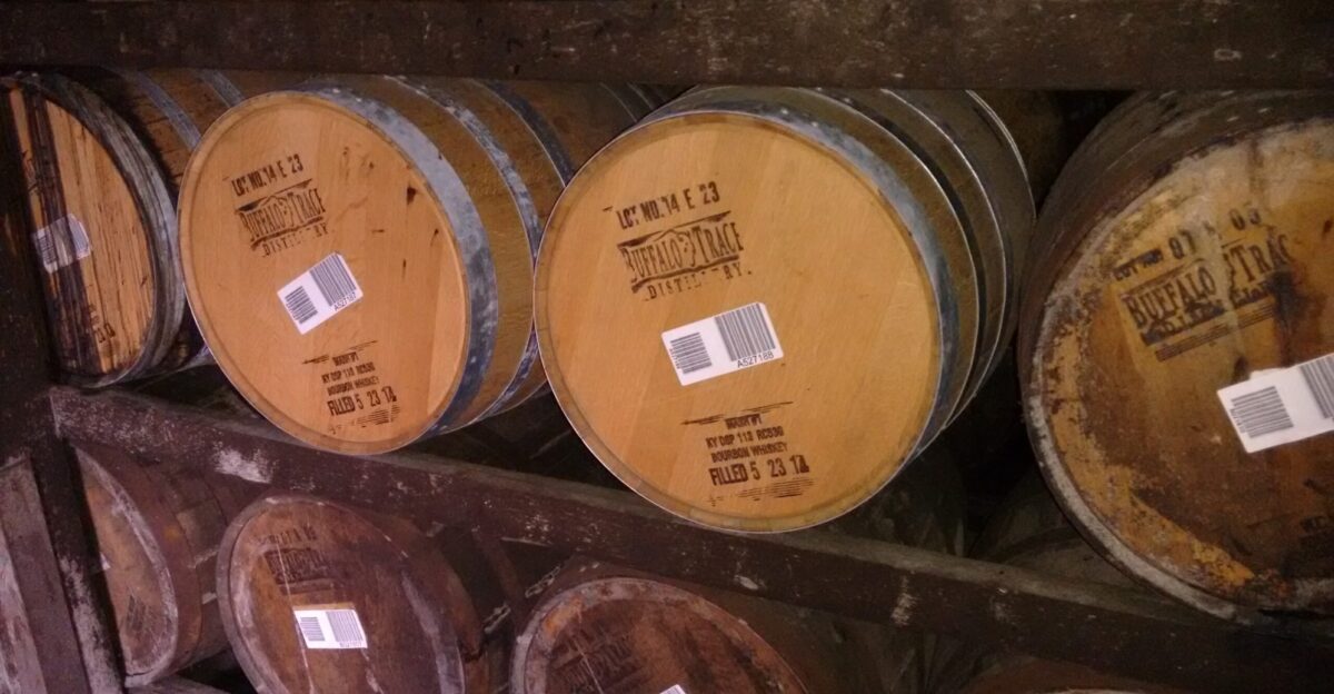 Barrels of bourbon whiskey aging at the Buffalo Trace Distillery in Frankfort Kentucky