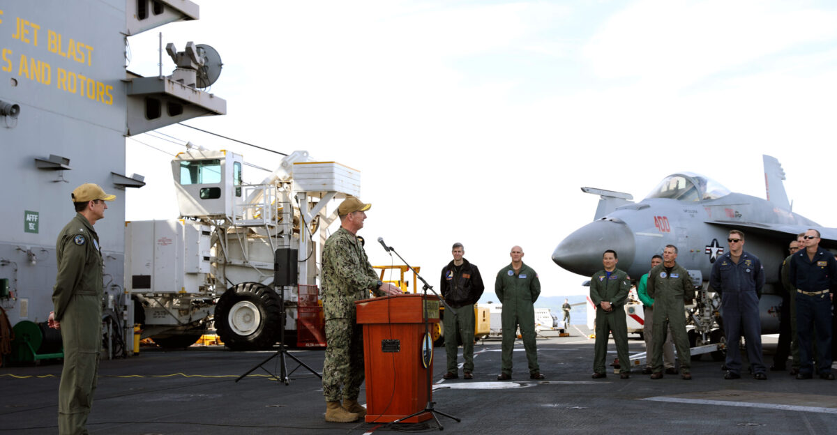 N-YB423-1014 OSLO NORWAY Rear Adm Erik Eslich assumes command of Carrier Strike Group CSG 12 from Rear Adm Greg Huffman during a change of command ceremony aboard the flagship USS Gerald R Ford CVN 78 May 24 2023 CSG 12 embarked aboard Gerald R Ford is conducting a scheduled deployment in the Atlantic Ocean The Gerald R Ford Carrier Strike Group is on a scheduled deployment in the U S Naval Forces Europe area of operations employed by U S Sixth Fleet to defend U S allied and partner interests U S Navy photo by Mass Communication Specialist 1st Class Ryan Williams