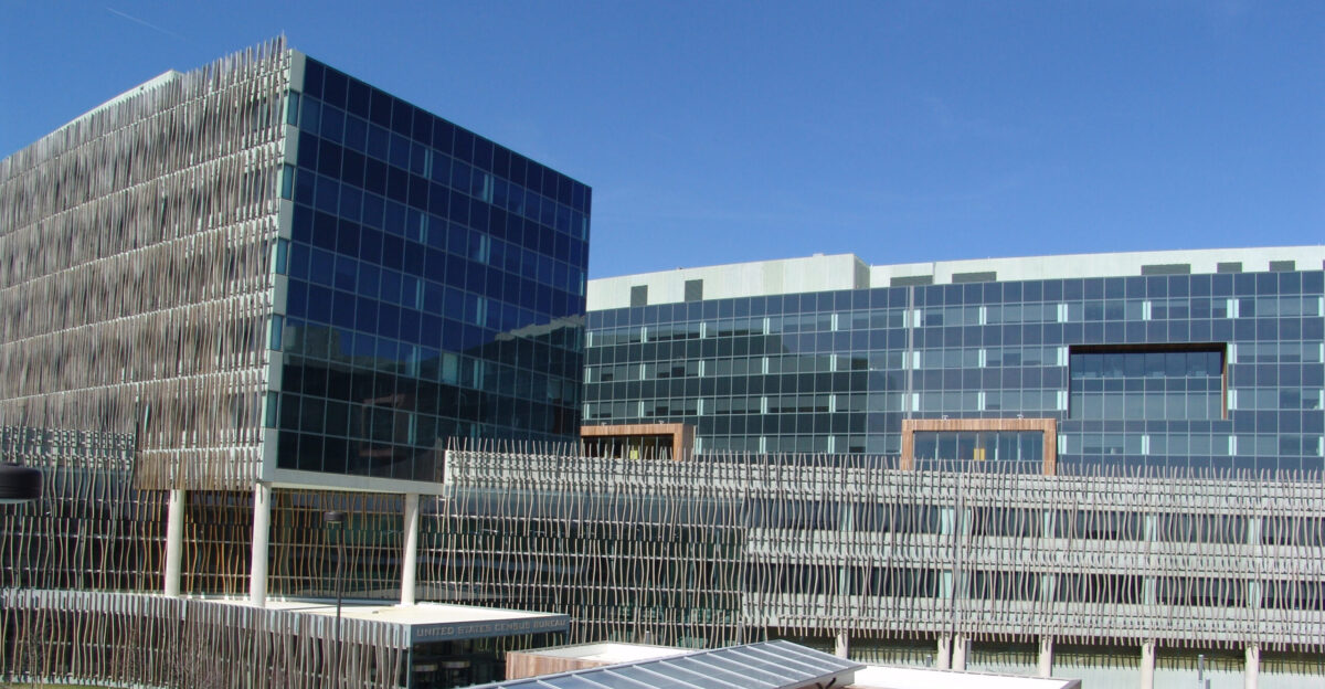 Partial view of the headquarters building of the United States Census Bureau in Suitland Maryland Over 4 000 people work in the building