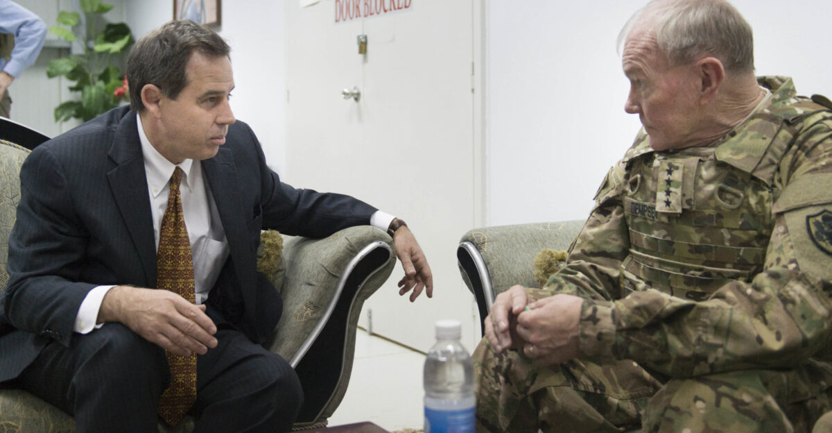 Chairman of the Joint Chiefs of Staff Gen Martin E Dempsey and U S Ambassador to Iraq Stuart E Jones at Baghdad International Airport in Baghdad Iraq March 9 2015 DOD photo by D Myles Cullen Released