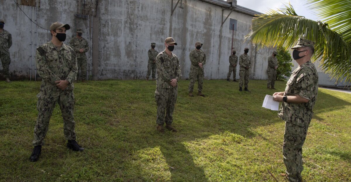 Capt Blake Tornga the commanding officer of U S Navy Support Facility Diego Garcia addresses the Air Operations Department during a frocking ceremony on base July 24 2020 NSF Diego Garcia provides logistic service recreational and administrative support to U S and Allied Forces forward deployed to the Indian Ocean and Arabian Gulf U S Navy photos by Mass Communication Specialist 3rd Class Carlos W Hopper released