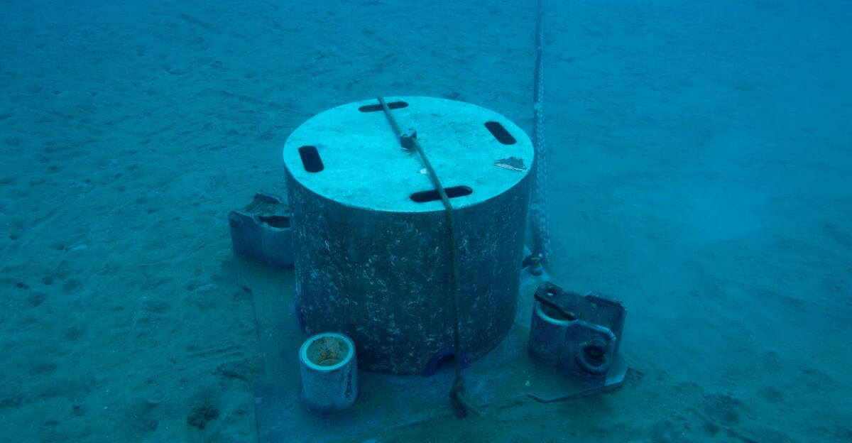 This piezometer deployed on the seabed is a tool that allows the study of interstitial overpressures The technique consists of planting a sort of vertical lance in the sediments at a depth sufficient to cross the fragile layer and take root in a stable layer The inclination of the lance over time allows the rate of deformation of the fragile layer to be assessed