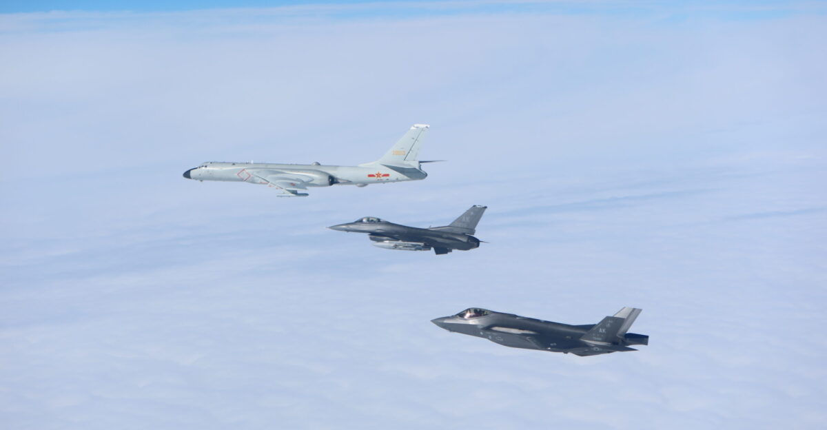 A U S Air Force Lockheed-Martin F-35A Lighting II s n 19-5482 of the 355th Fighter Squadron and a General Dynamics F-16C Block 30F Fighting Falcon s n 87-0235 of the 18th Aggressor Squadron 354th Fighter Wing escort a PR China Xi an H-6K s n 20013 operating in the Alaska Air Defense Identification Zone ADIZ on 24 July 2024