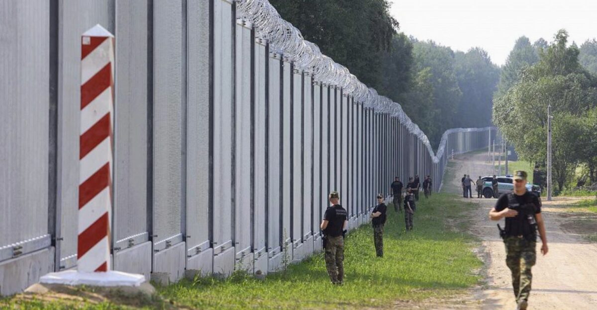 June 30 2022 - Poland has completed construction on a new 186-kilometre border wall in an attempt to deter migrants entering from Belarus Poland s Prime Minister Mateusz Morawiecki and top security officials visited the border area on Thursday to mark the completion of a new 5 5-metre-high steel wall Polish border guards patrol the area of a newly built border wall near Kuznice Photo credit Euronews AP by Rey Spags