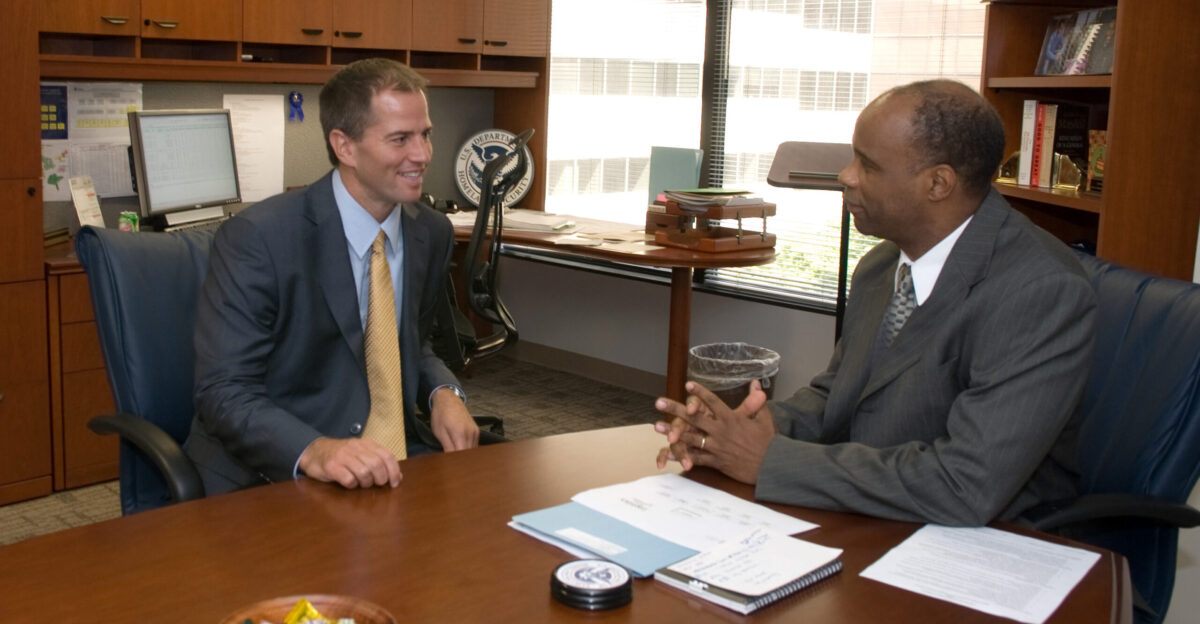 Washington DC September 5 2007 - Matt Lawrence a UPS logistics expert talks to FEMA s William Eric Smith Assistant Administrator Logistics Management Directorate at FEMA headquarters FEMA has developed the first-ever loaned executive program and is working through the U S Chamber of Commerce and the United Parcel Service s UPS Foundation to bring a seasoned UPS executive into the agency s newly formed Logistics Management Directorate to share private sector expertise FEMA Bill Koplitz