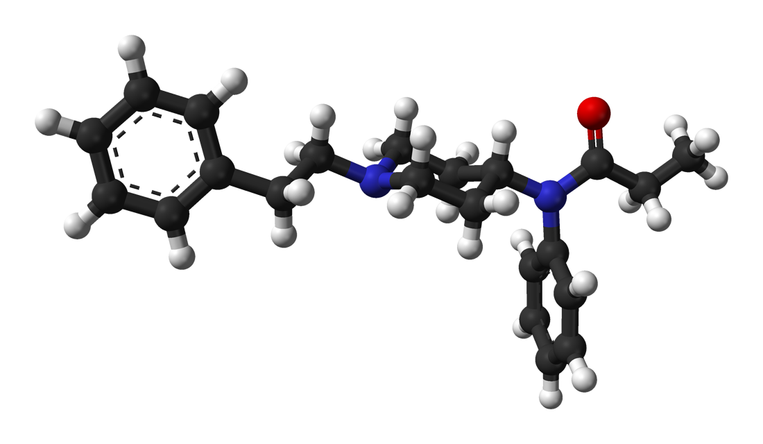 Ball-and-stick model of the fentanyl molecule in the crystal structure of fentanyl citrate-toluene solvate X-ray diffraction data from O M Peeters N M Blaton C J De Ranter A M Van Herk and K Goubitz 1979 Crystal and molecular structure ofN- 1- 2-phenylethyl -4-piperidinylium -N-phenylpropanamide fentanyl citrate-toluene solvate Journal of Chemical Crystallography 153-161 DOI 10 1007 BF01262807