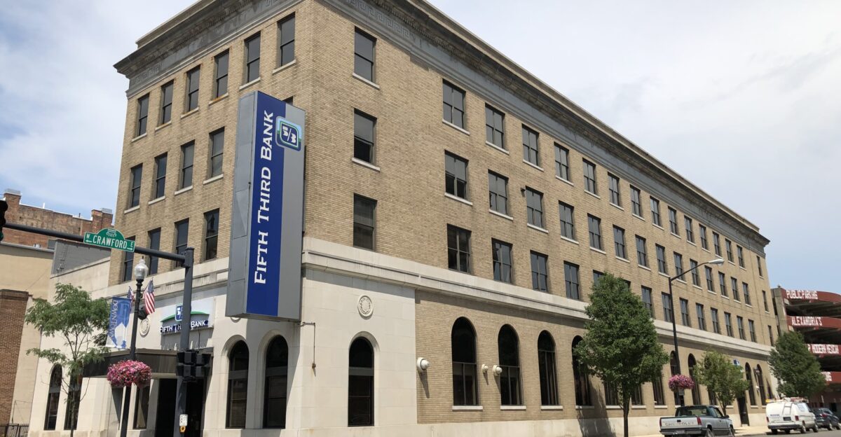 The four story brick Fifth Third Bank Building in Findlay Ohio at the corner of Main Street and Crawford