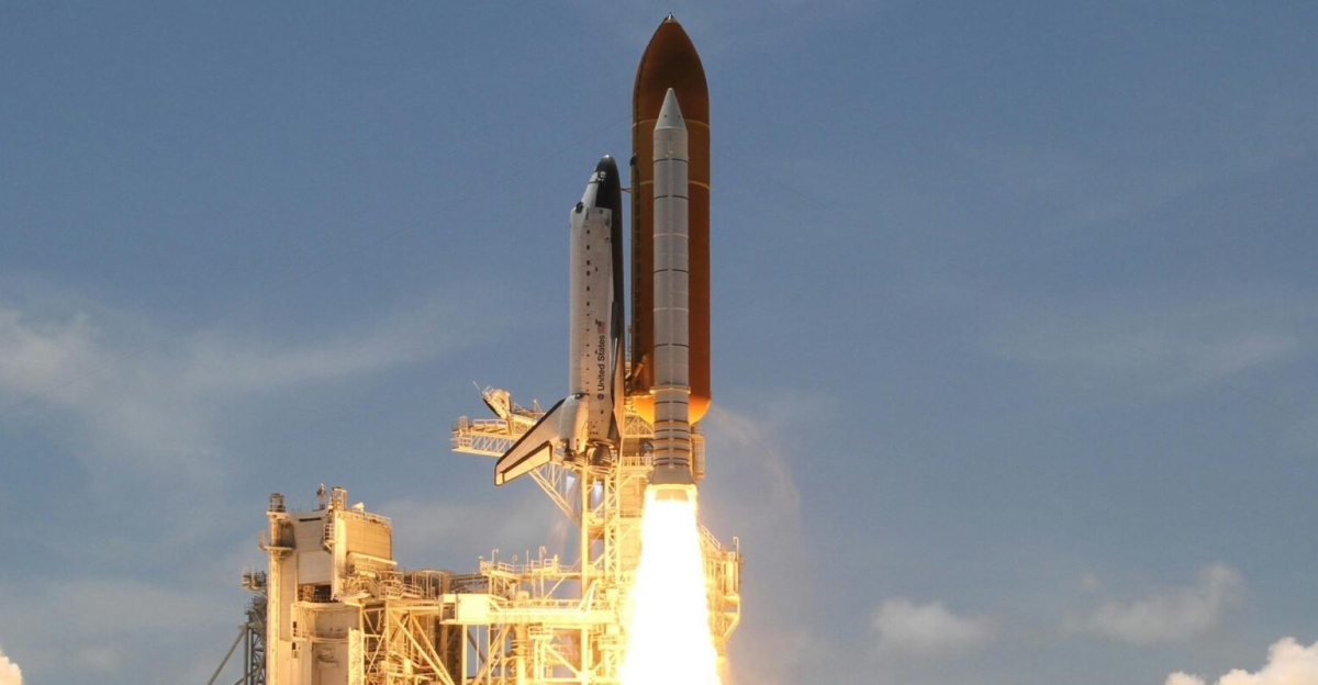 A NASA space shuttle launches with fiery liftoff, ascending into the sky amid plumes of smoke.