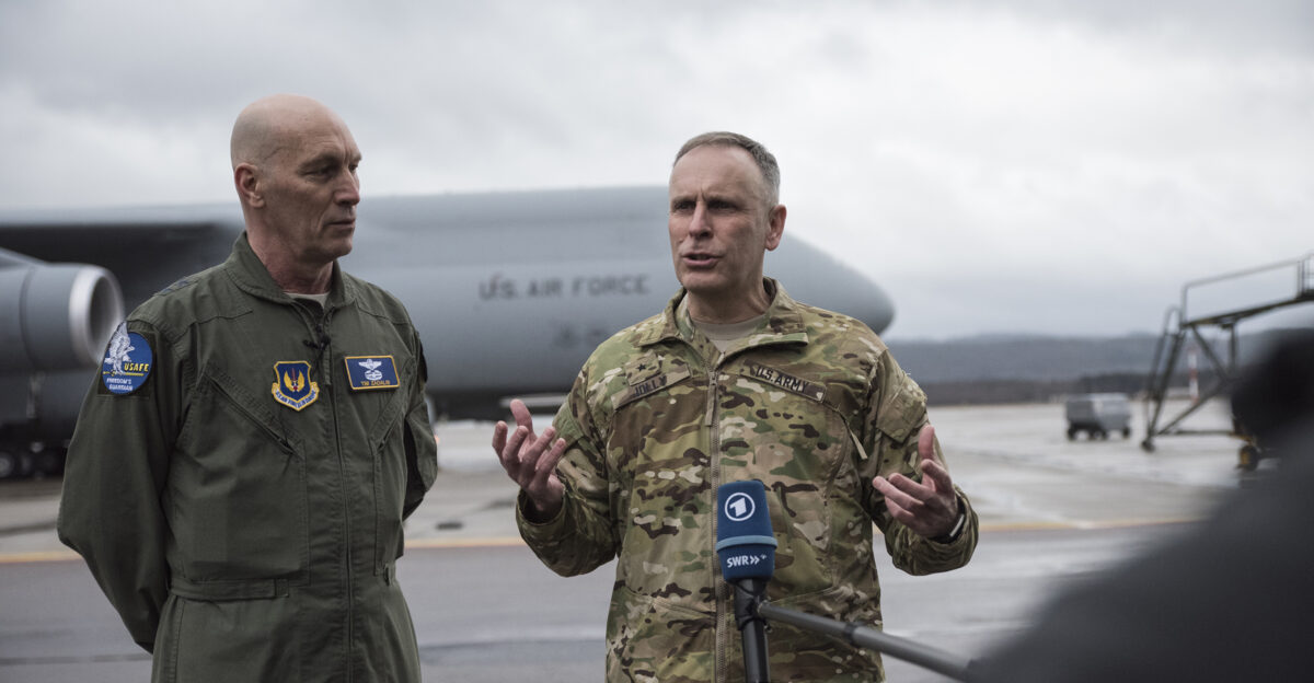 Maj Gen Timothy Zadalis the U S Air Forces in Europe and Air Forces Africa vice commander and Brig Gen Phillip Jolly the U S Army Europe deputy commanding general for Mobilizationa and Reserve Affairs speaks to the media Feb 22 on Ramstein Air Base Germany Two large U S Air Force C-5M Galaxies transported four AH-64 Apache helicopters from Fort Bliss Texas in support of Operation Atlantic Resolve Unit 2nd Brigade Combat Team 1st Infantry Division Public Affairs DVIDS Tags Germany NATO 10th Mountain Europe attack helicopters allies partners U S Army Europe helicopter Apache U S Army 1st Battalion partnership Army Wiesbaden 501st Aviation Regiment Strong Europe 10th Combat Brigade