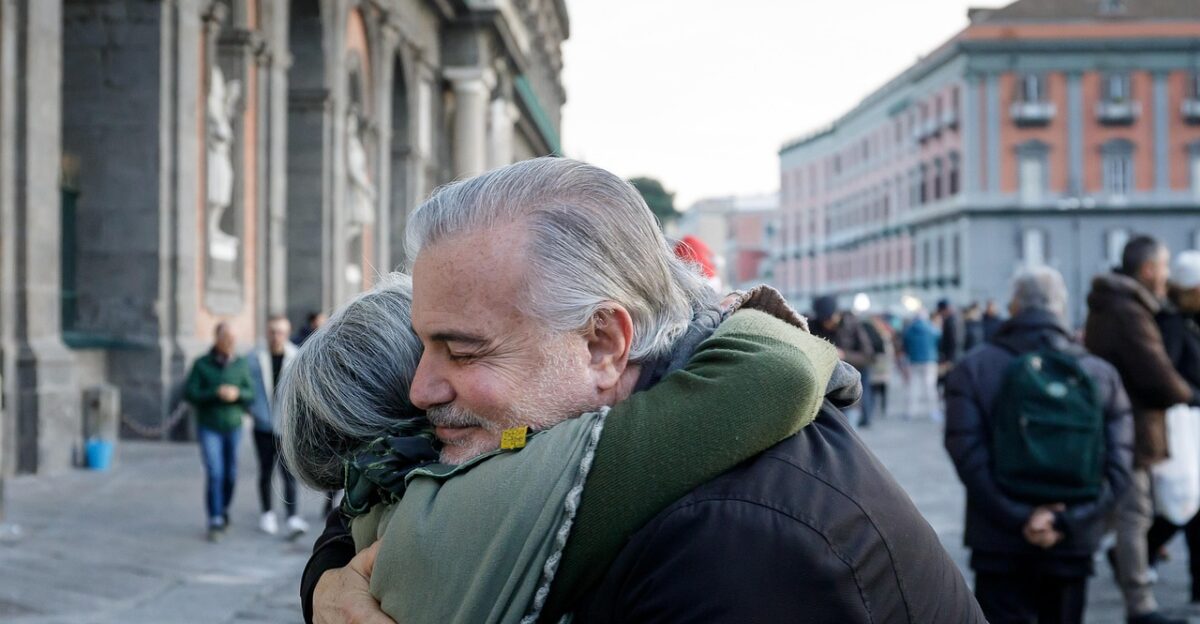 merry christmas embrace hug old people solidarity peace friendship love equality people supportive street city square gesture friendship day