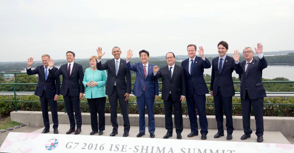 President Barack Obama joins G7 Summit leaders for a family group photo at the Shima Kanko Hotel Bay Suites in Shima City Japan May 26 2016 G7 leaders include Prime Minister Justin Trudeau of Canada President Fran ois Hollande of France Chancellor Angela Merkel of Germany President Matteo Renzi of Italy Prime Minister Shinzo Abe of Japan Prime Minister David Cameron of the United Kingdom European Council President Donald Tusk European Commission President Jean-Claude Juncker Official White House Photo by Lawrence Jackson