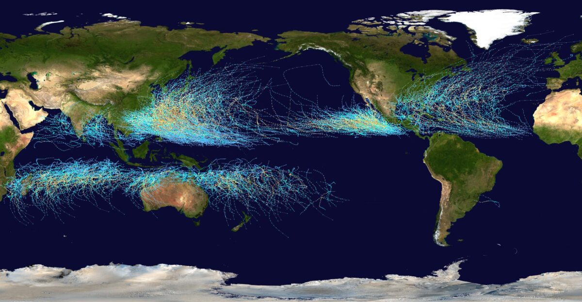 This map shows the tracks of all Tropical cyclones which formed worldwide from 1985 to 2005 The points show the locations of the storms at six-hourly intervals and use the color scheme shown to the right from the Saffir-Simpson Hurricane Scale However remnants of the storms are not shown as triangles