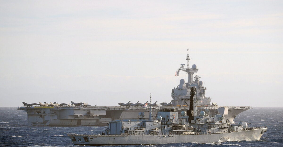 Royal Navy Type 23 frigate HMS Montrose foreground is pictured with the nuclear powered aircraft carrier and flagship of the French Navy Charles de Gaulle British and French maritime forces were working together during Cougar 12 a three month deployment to the Mediterranean Sea Organization ROYAL NAVY Object Name BW120319020 smaller Supplemental Categories Operations Exercises Equipment Ships Frigates Type 23 Foreign Ships Keywords Partnership International Cooperation Joint French France Royal Navy Equipment Ship Frigate FFG Type 23 Duke Class HMS Northumberland Cougar Exercise Country Mediterranean