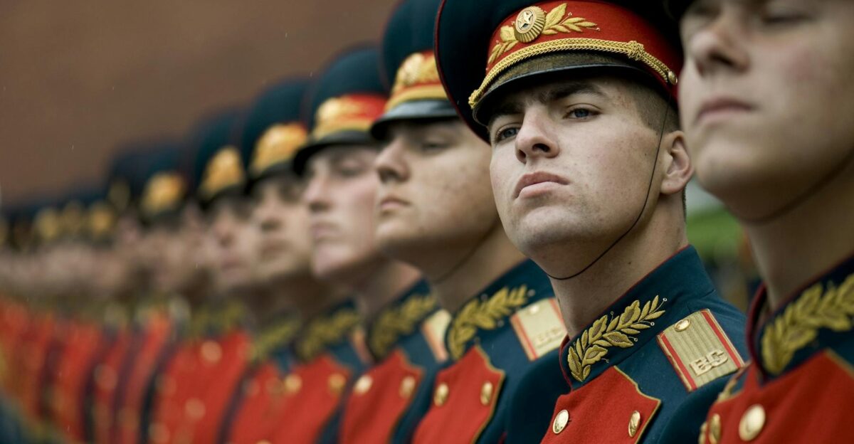 Close-up of Russian soldiers in ceremonial uniforms participating in a parade formation