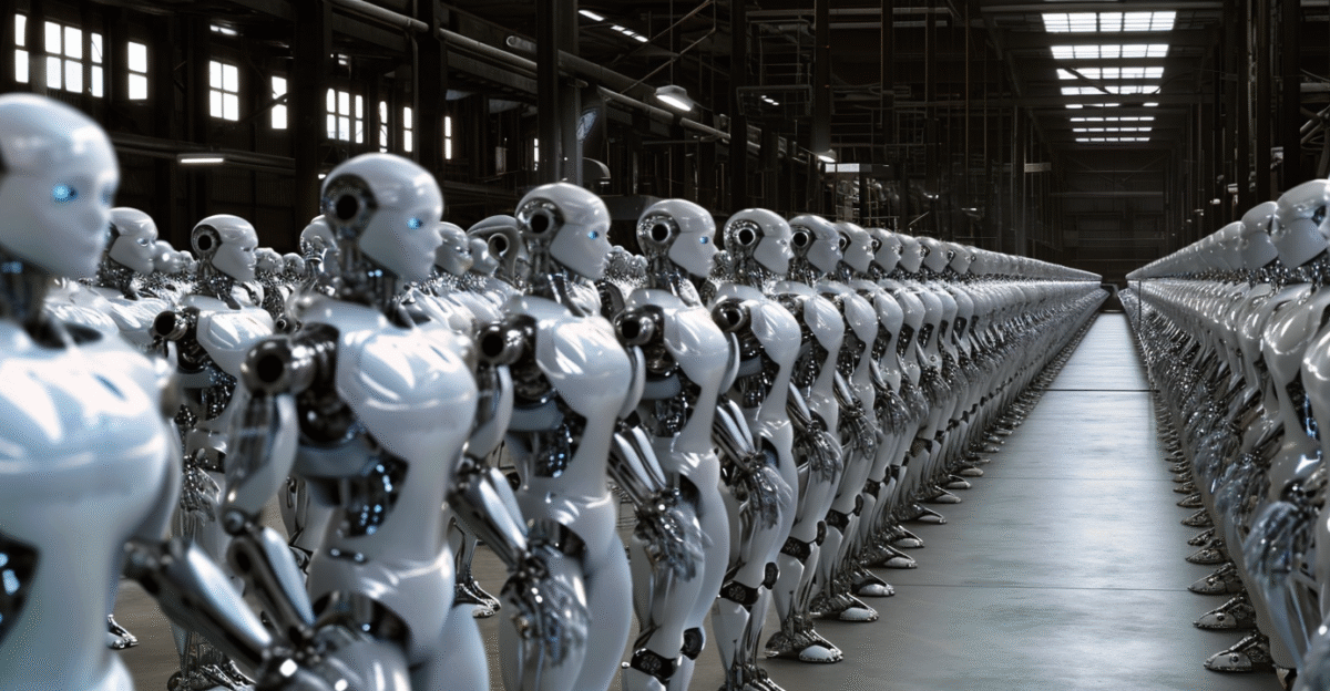 A large number of humanoid robots standing in a factory