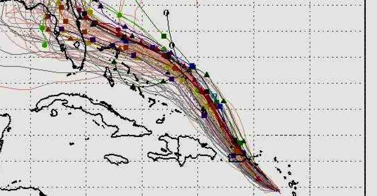 This is a spaghetti plot or multiple computer runs of a simulation model carried out on August 28 2019 of possible paths that Hurricane Dorian could have taken Produced by the South Florida Water Management District and published on Facebook and Twitter by then-President Donald J Trump six days later