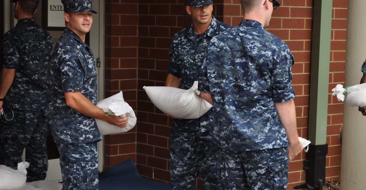 Students at Naval Air Technical Training Center on board Naval Air Station Pensacola prepare for Tropical Storm Isaac by placing sandbags around the training center The storm is expected to make landfall along the Gulf Coast late Tuesday evening The last major storm to affect Northwest Florida was Hurricane Dennis a category three hurricane which made landfall near Pensacola July 10 2005