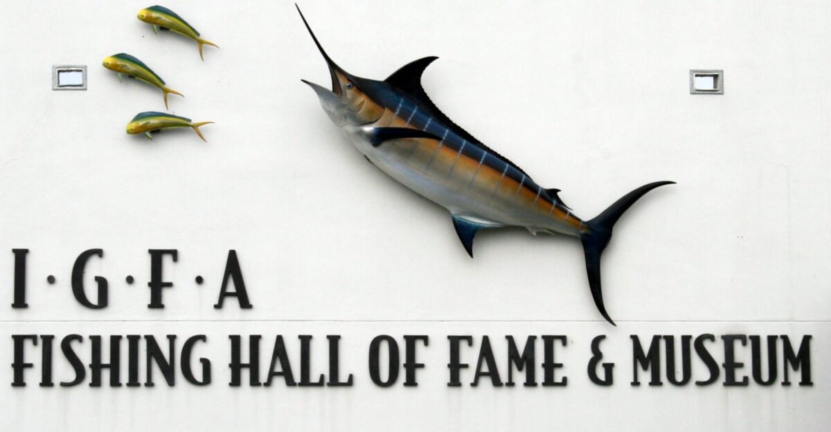 Photo of the front of the IGFA Hall of Fame and Museum in Dania Beach FL Zoomed in to capture the name and art on the main entrance wall -Douglas Whitaker 22 45 29 December 2006 UTC