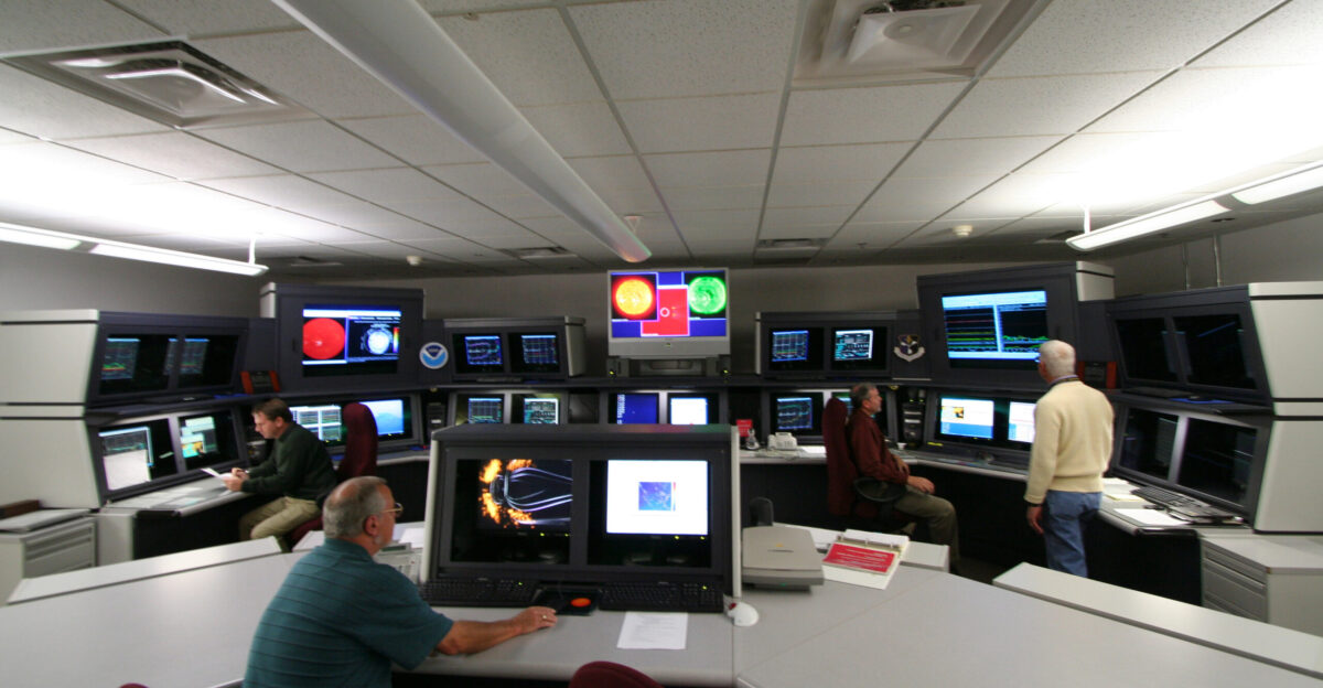 Forecasters in front of lots of screens inside the Space Weather Forecast Office of NOAA s Space Weather Prediction Center SWPC in Boulder Colorado Scientists keep an eye on the Sun The GOES satellites send images that show activity on the Sun s surface that means a flare or eruption may be about to happen