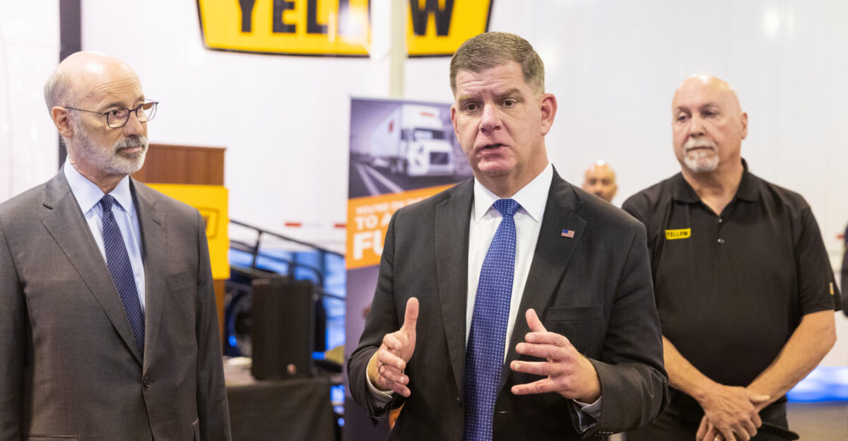 March 2022 - Carlisle PA - U S Secretary of Labor attends the Yellow Corporation Driving Academy Apprenticeship Program Ribbon Cutting roundtable Discussion with Pennsylvania Governor Ridge and Yellow CEO Darren Hawkins Official Department of Labor Photograph Photographs taken by the federal government are generally part of the public domain and may be used copied and distributed without permission Unless otherwise noted photos posted here may be used without the prior permission of the U S Department of Labor Such materials however may not be used in a manner that imply any official affiliation with or endorsement of your company website or publication Photo Credit Department of Labor Shawn T Moore